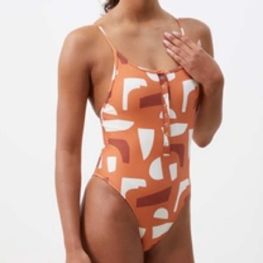 UpWest Swim Women L Organic Shapes High Leg One-Piece Snap Henley Swimsuit NWT